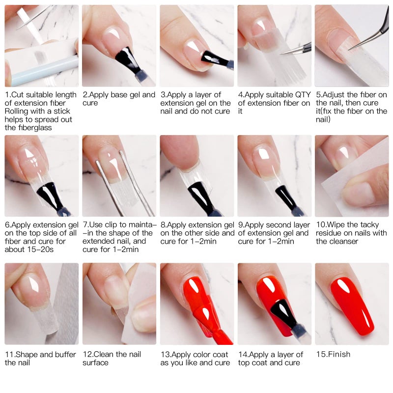 MEET ACROSS Fiberglass Nail Extension Kit with Building Gel Magical Silk Fiberglass Nail Wrap Form Quick Building Fiber Extension Gel, Nail File, Tweezers, Nail Tips Clip for Gel Extension Nail Art - Image 4
